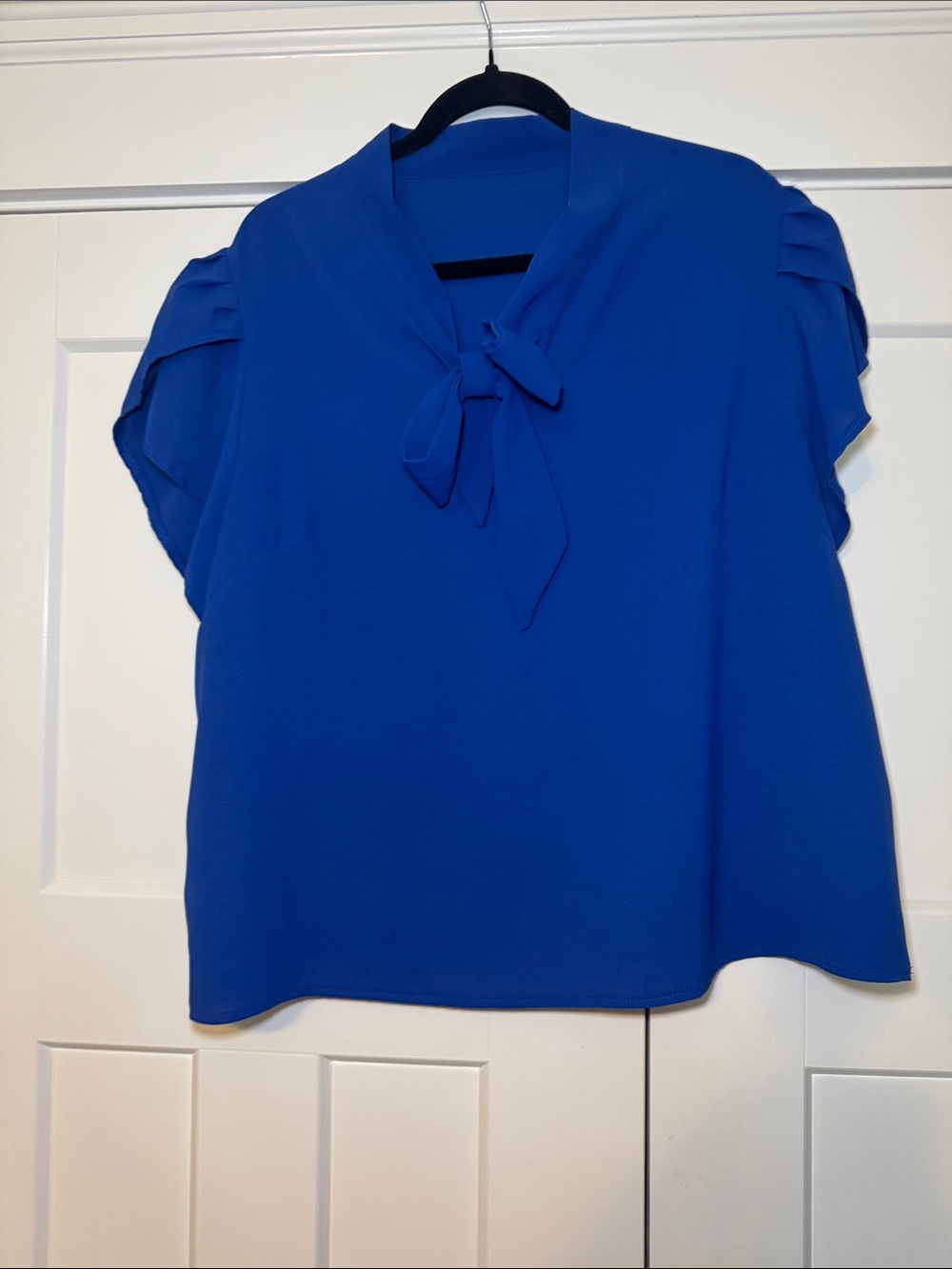 SHEIN Cobalt Blue Tie-Neck Short Sleeve Blouse